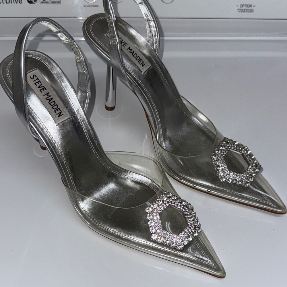 Steve Madden Metallic Silver Heels with Crystal Accents